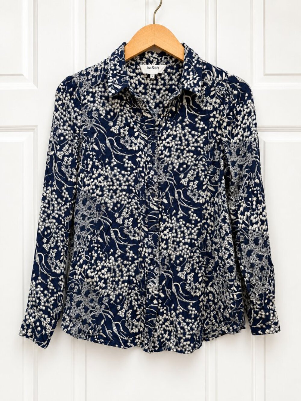ba&sh Navy Floral Button-Up Blouse | French Parisian Shirt | Size 1 (S)